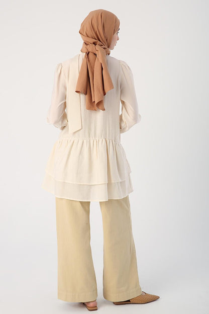 Ecru Scarf Collar Frilly Button Tunic