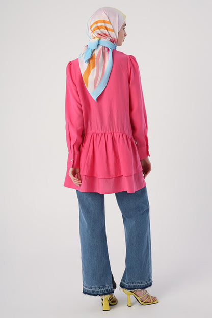 Fuchsia Scarf Collar Frilly Button Tunic