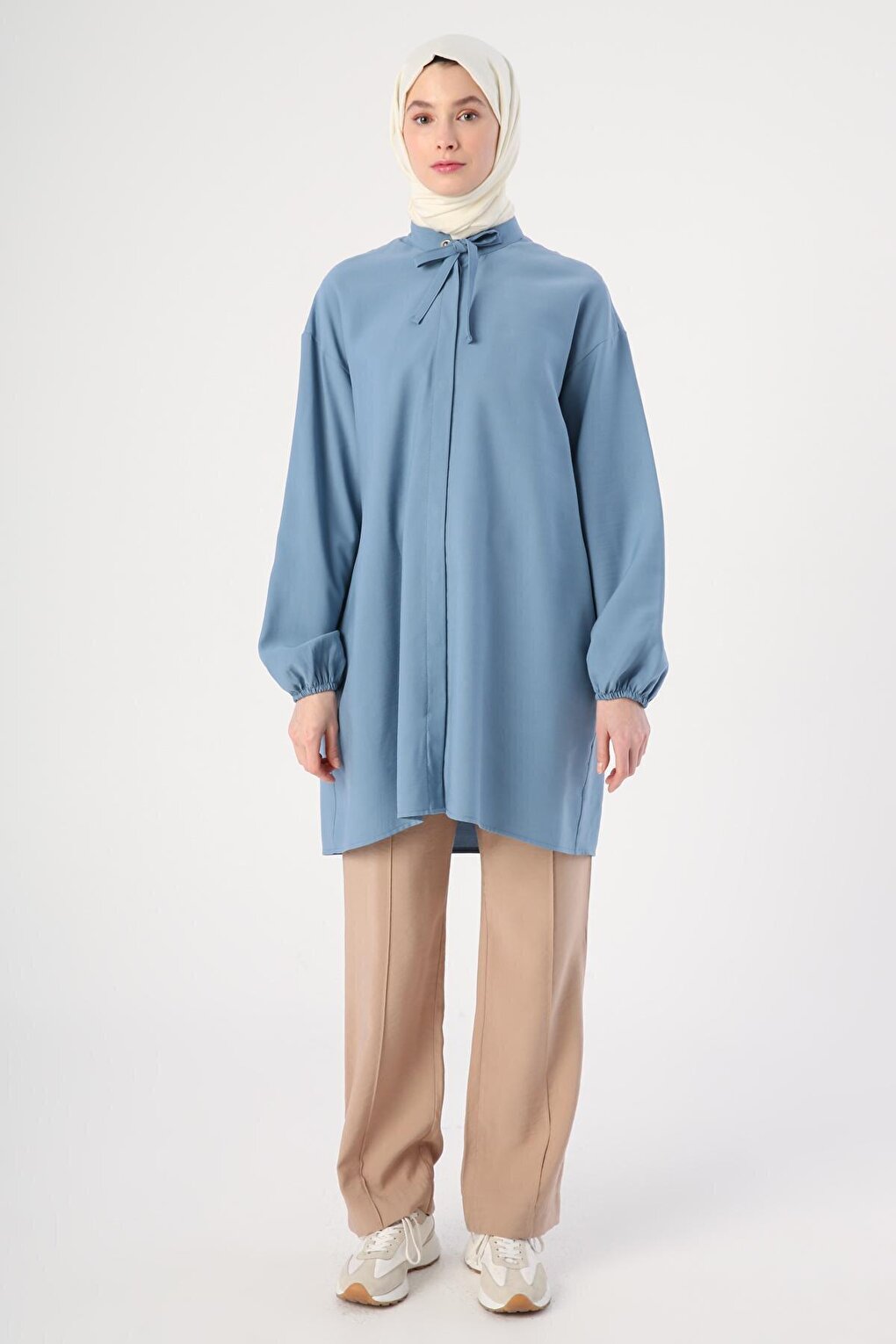 Blue Hidden Placket Tie Detailed Shirt Tunic