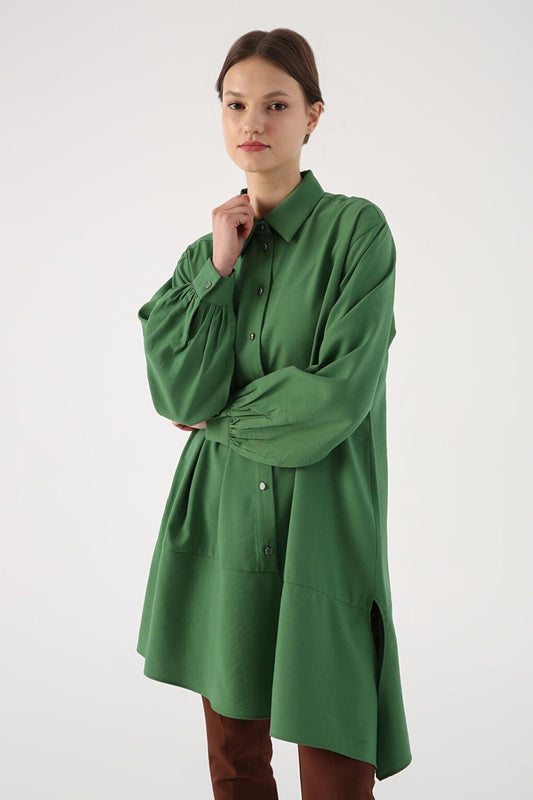 Green Skirt Asymmetrical Slit Shirt Collar Tunic