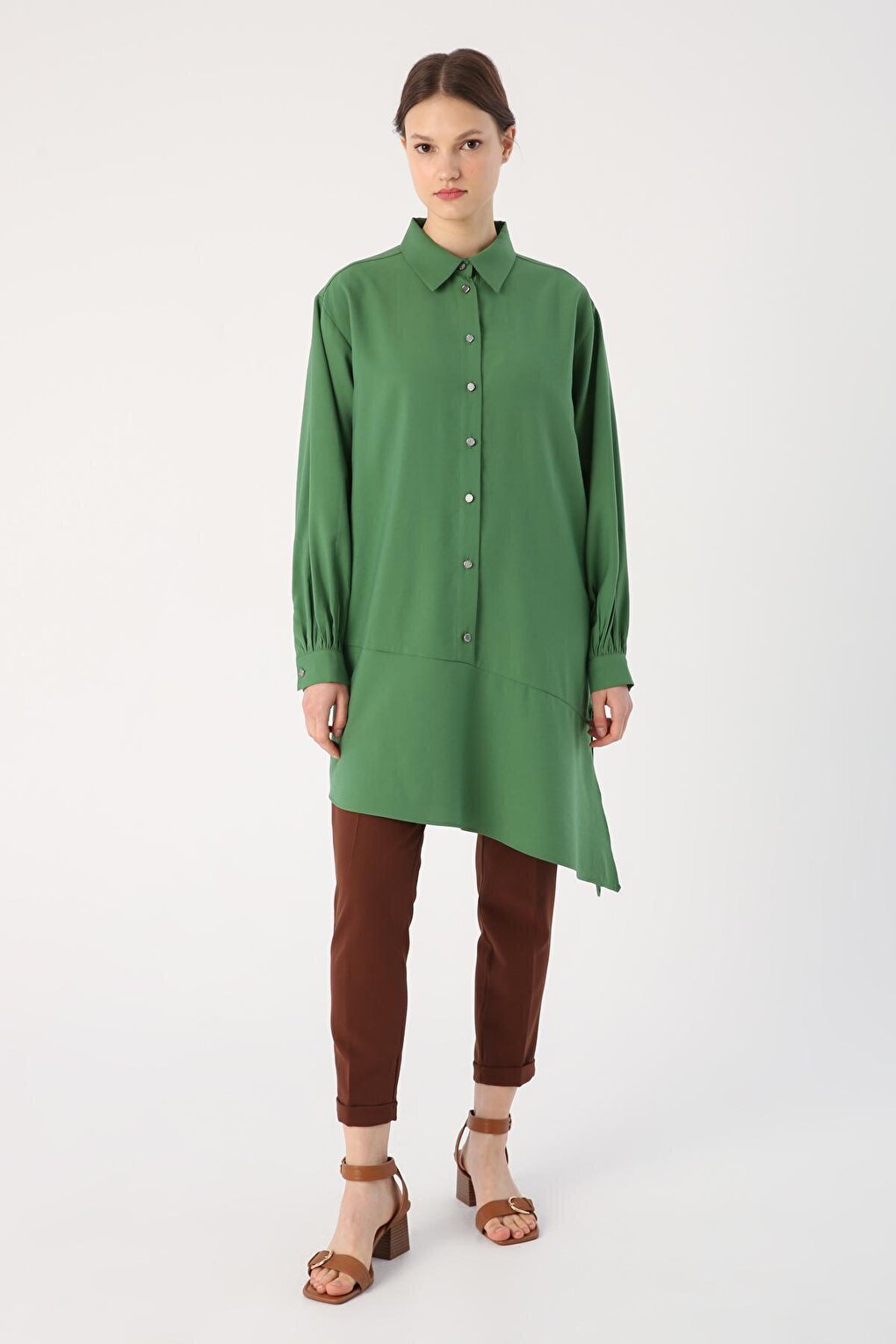 Green Skirt Asymmetrical Slit Shirt Collar Tunic