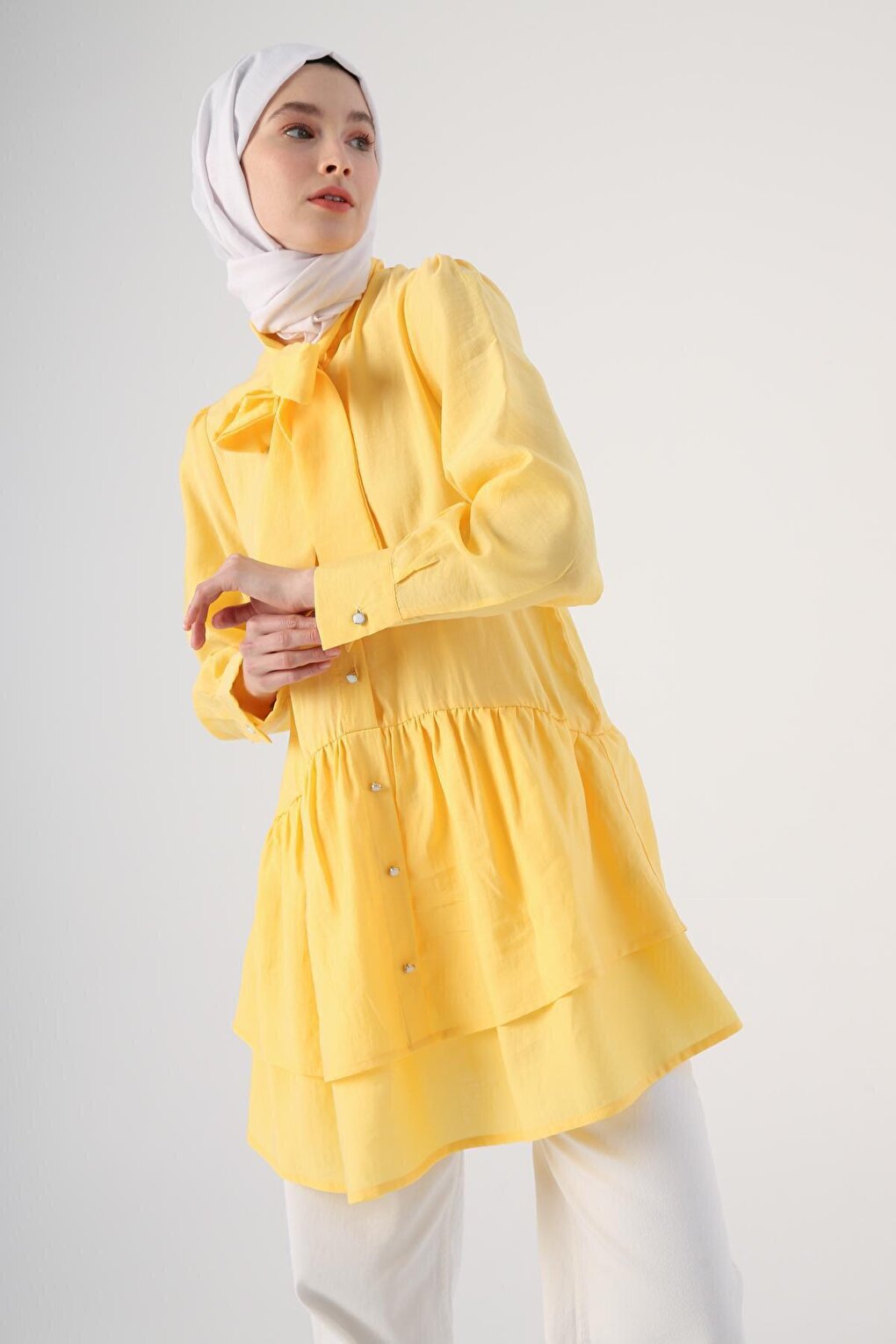 Yellow Scarf Collar Frilly Button Tunic