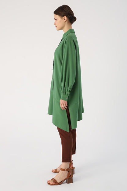 Green Skirt Asymmetrical Slit Shirt Collar Tunic