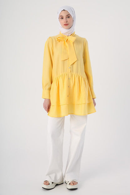 Yellow Scarf Collar Frilly Button Tunic