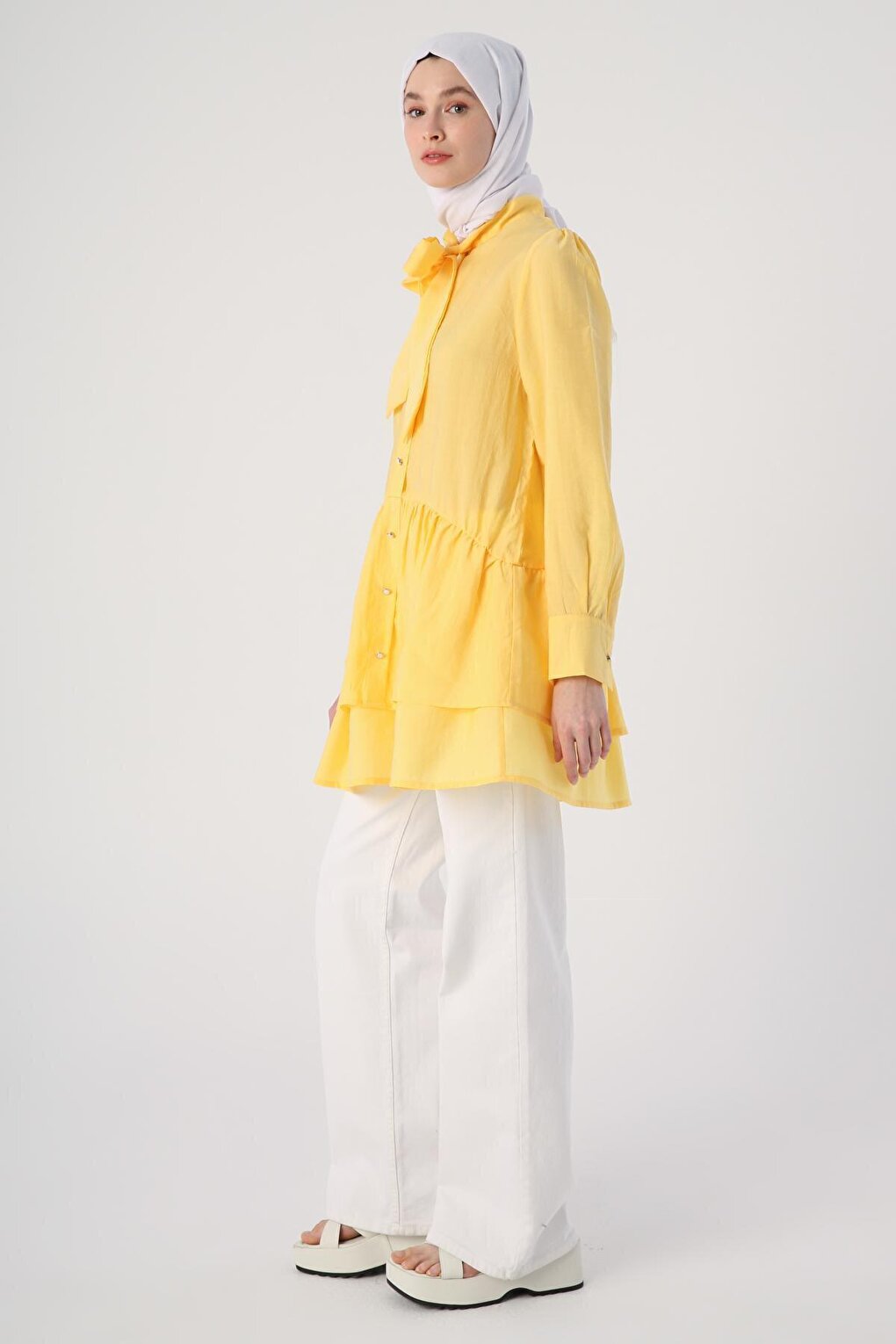 Yellow Scarf Collar Frilly Button Tunic