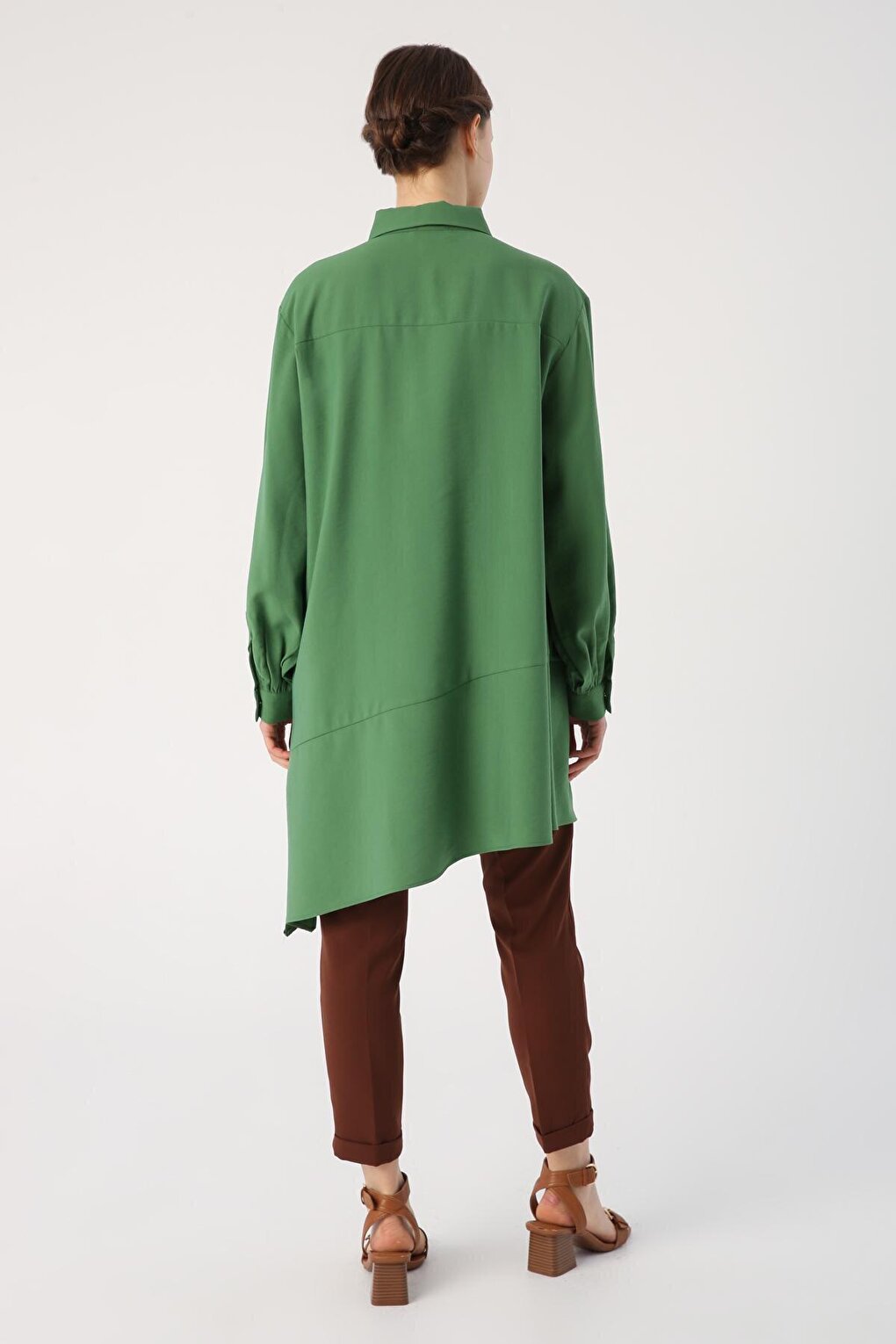 Green Skirt Asymmetrical Slit Shirt Collar Tunic