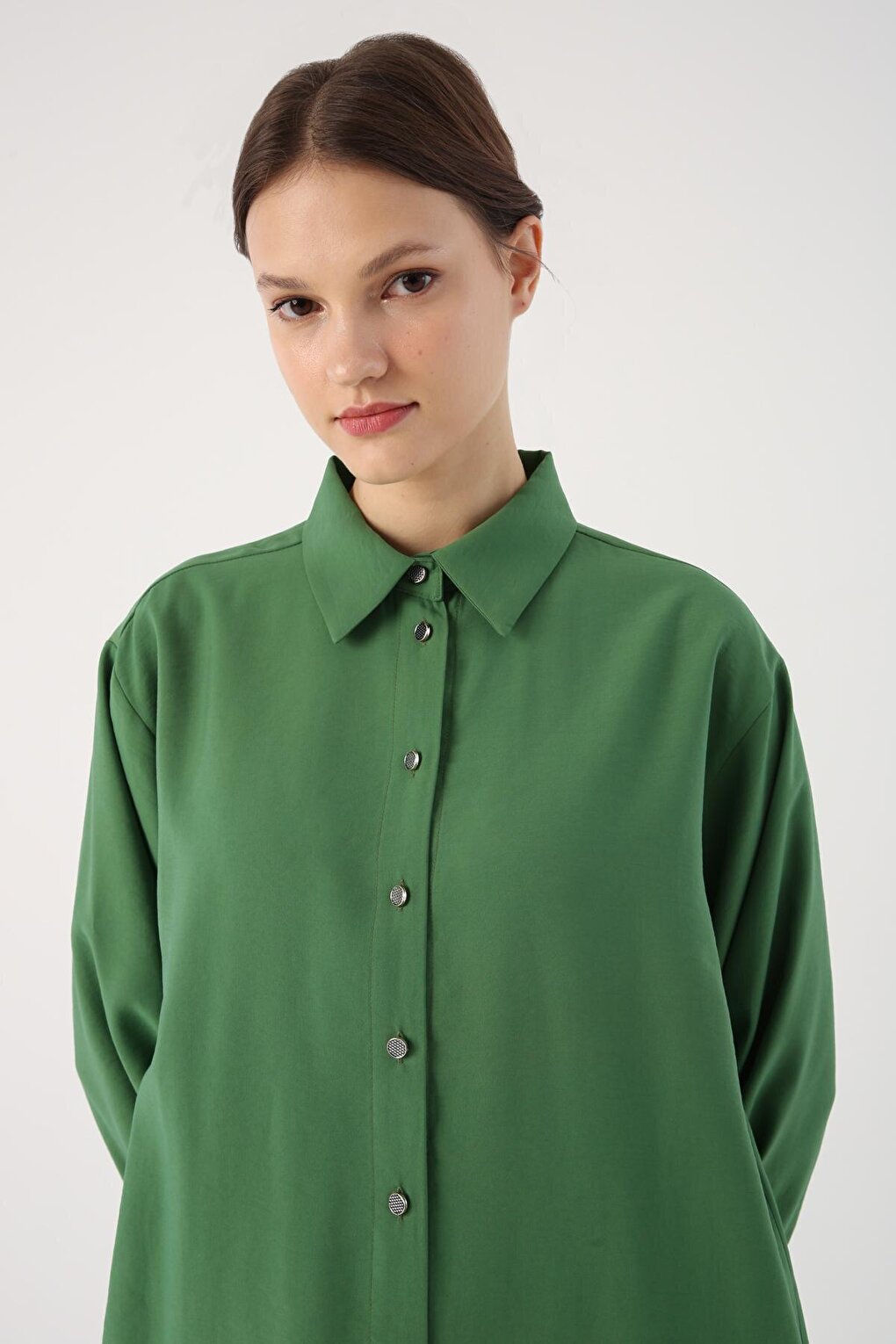 Green Skirt Asymmetrical Slit Shirt Collar Tunic