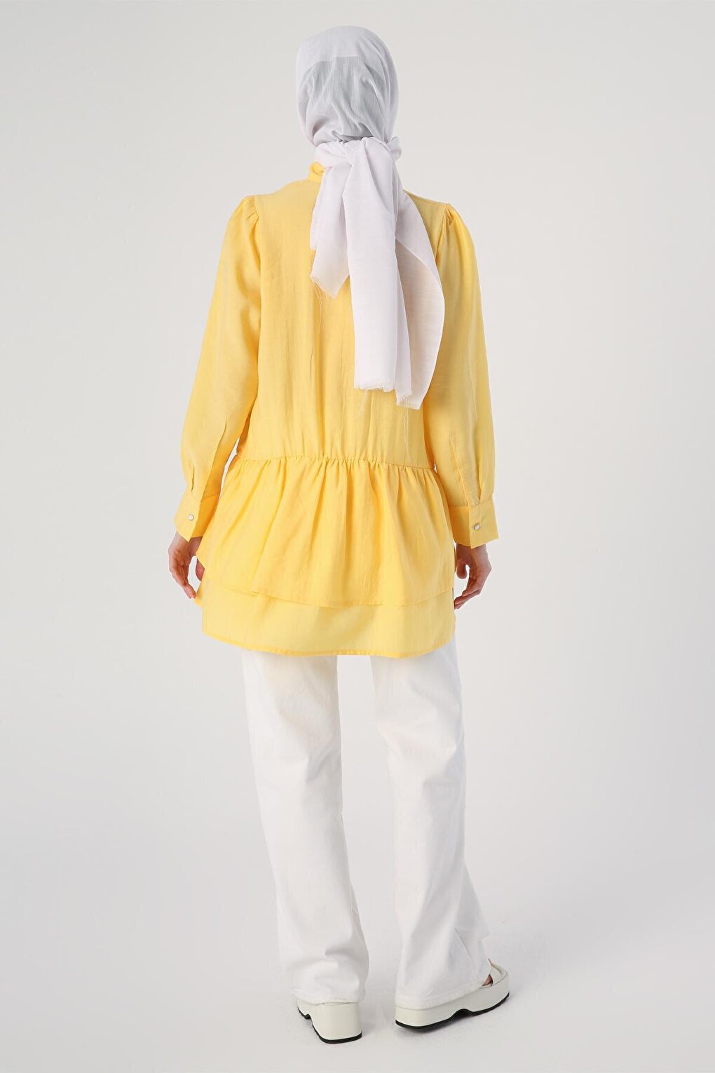 Yellow Scarf Collar Frilly Button Tunic