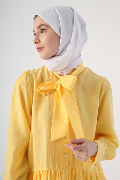 Yellow Scarf Collar Frilly Button Tunic