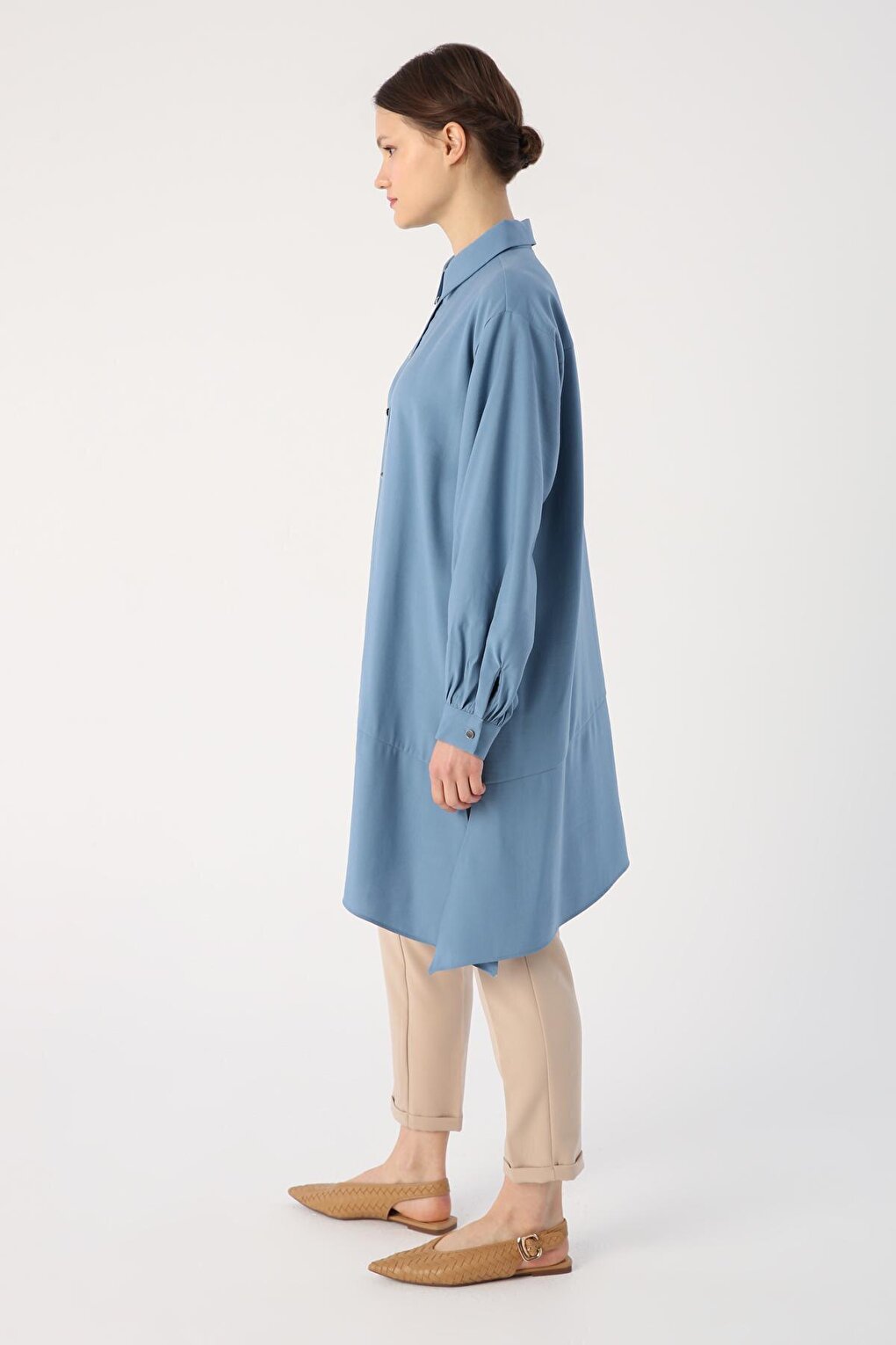 Blue Skirt Asymmetrical Slit Shirt Collar Tunic