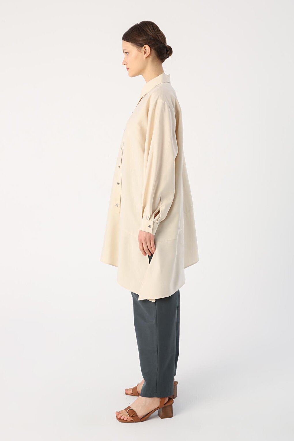 Stone Skirt Asymmetrical Slit Shirt Collar Tunic