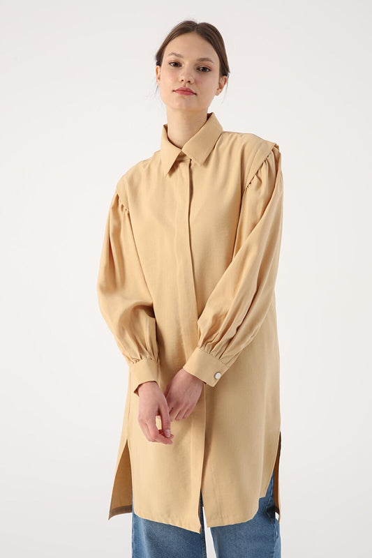 Yellow Shirt Tunic with Gathered Sleeves and Slits