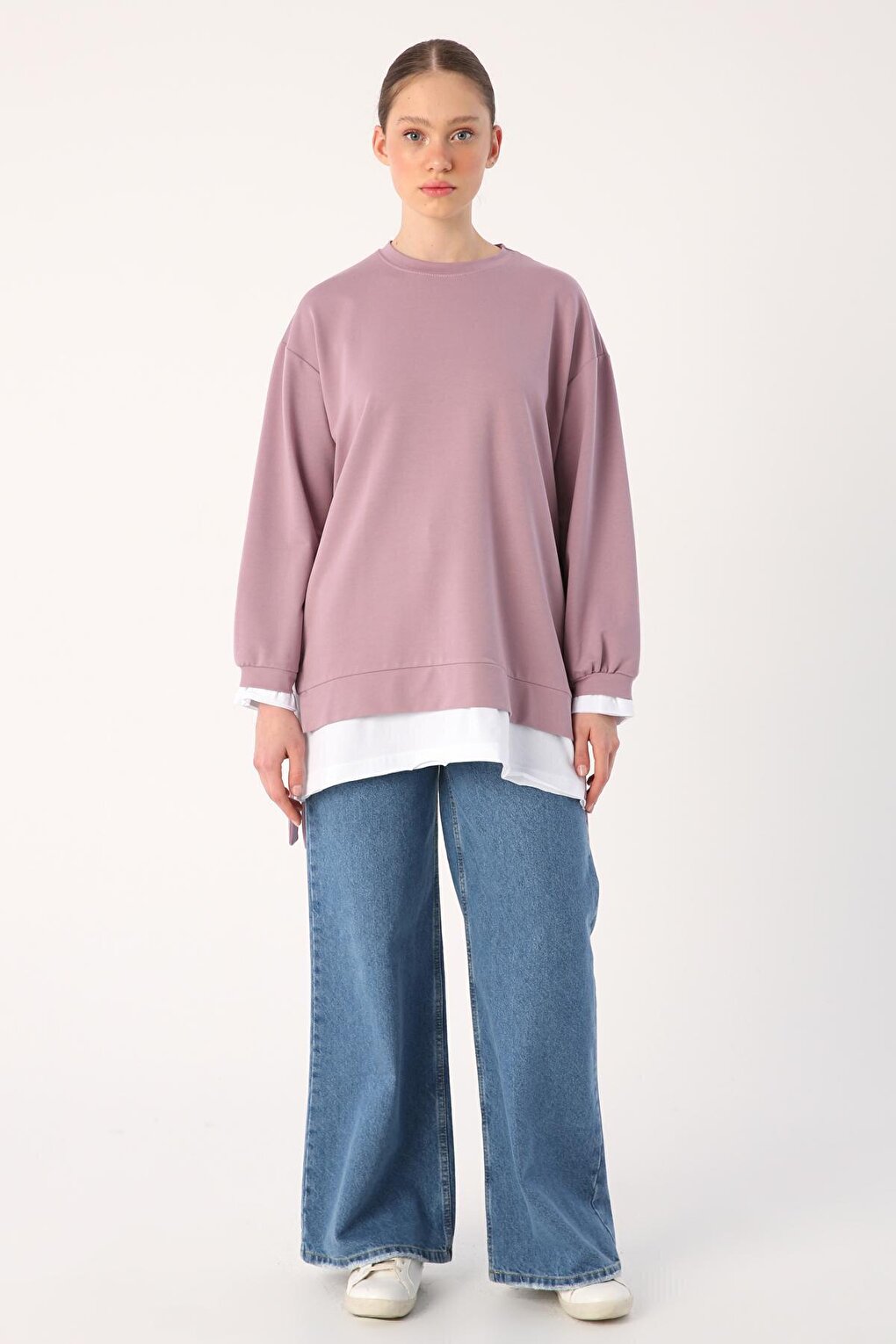 Lilac Belted Knitted Sweat Tunic with Garnished Hem