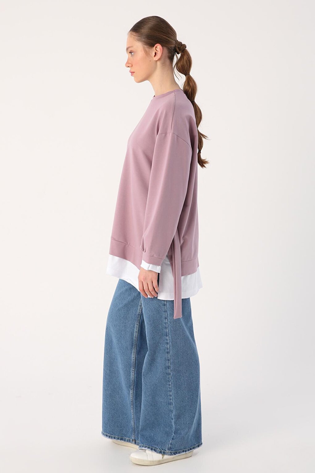 Lilac Belted Knitted Sweat Tunic with Garnished Hem