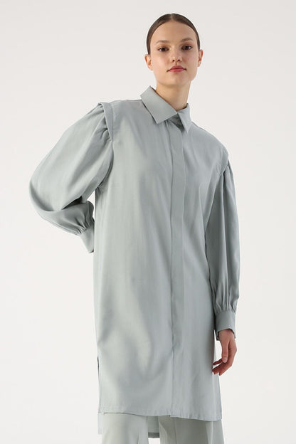 Gray Shirt Tunic with Gathered Sleeves and Slits