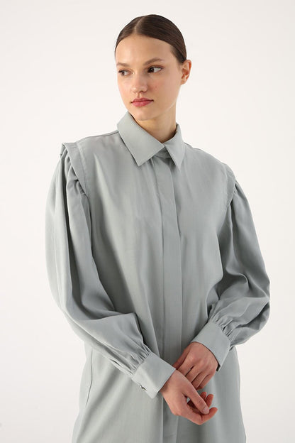 Gray Shirt Tunic with Gathered Sleeves and Slits