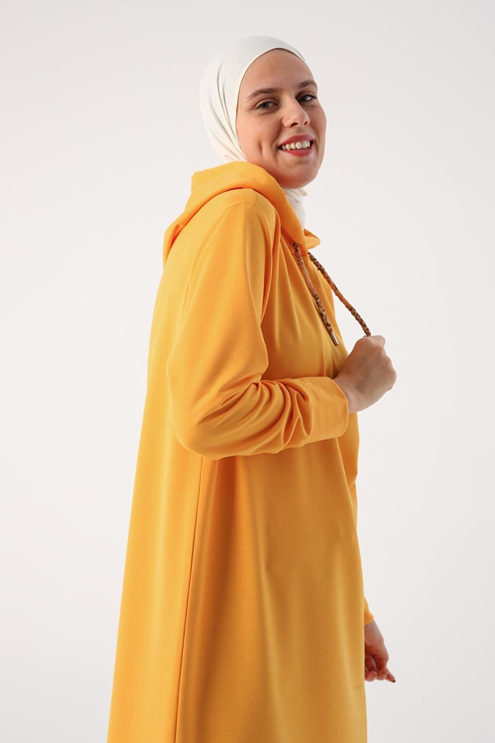 Dark Yellow Leopard Lace-Up Hooded Comfortable Knitted Tunic