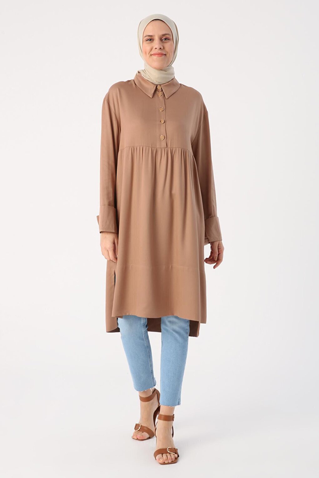 Mink Stylish Button Detailed Half Patch Tunic