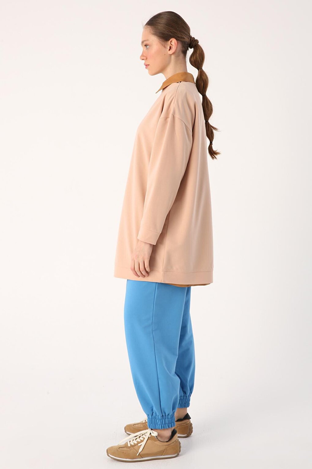 Beige Oversize Shoulder Zipper Sweat Tunic