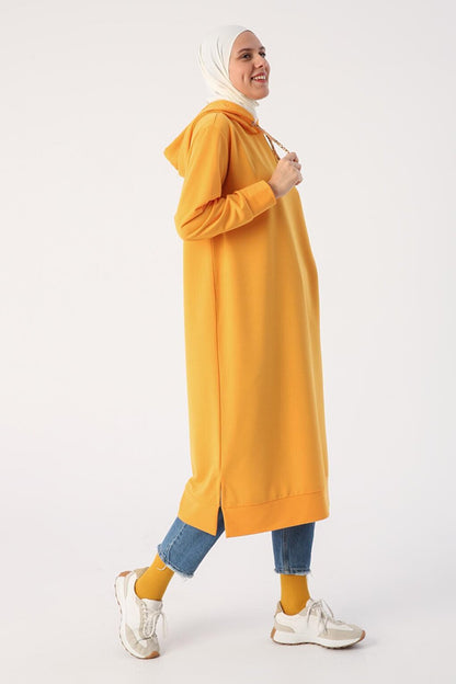 Dark Yellow Leopard Lace-Up Hooded Comfortable Knitted Tunic