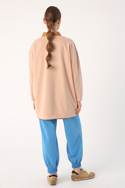 Beige Oversize Shoulder Zipper Sweat Tunic