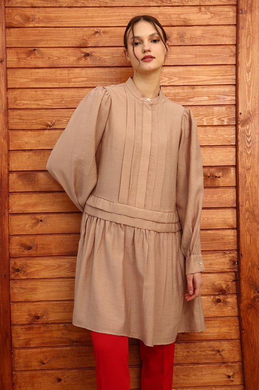 Dark Beige Pleat Detailed Shirt Tunic