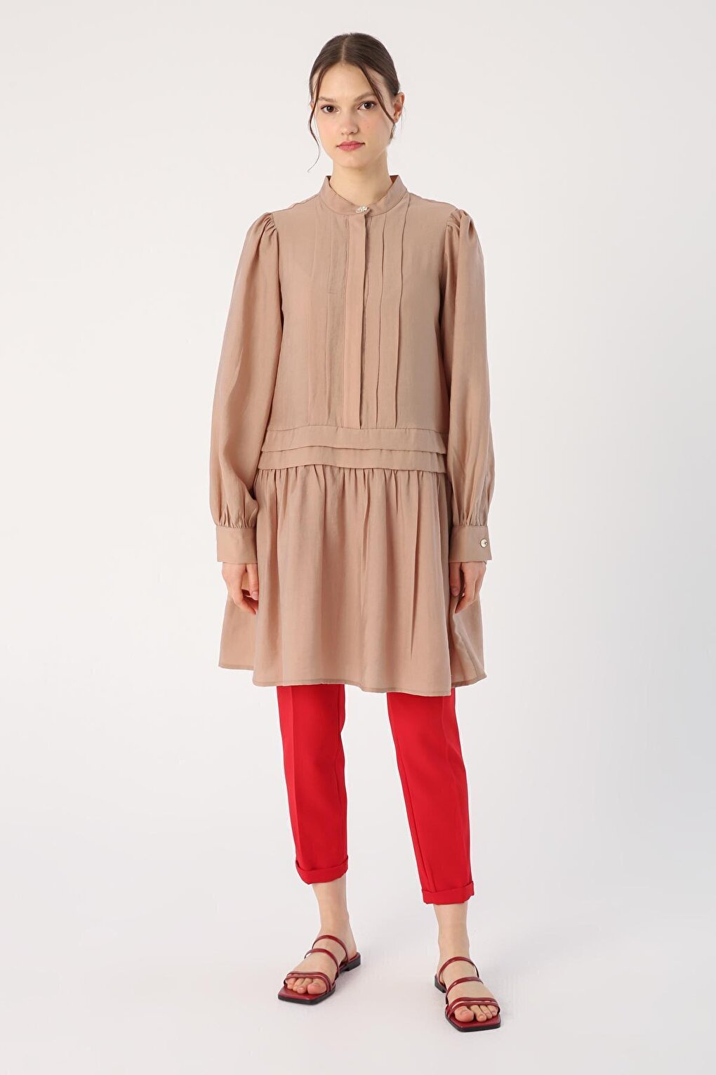 Dark Beige Pleat Detailed Shirt Tunic