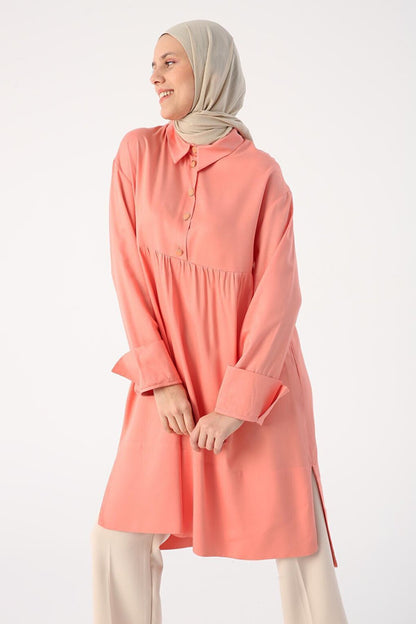 Salmon Stylish Button Detailed Half Placket Tunic