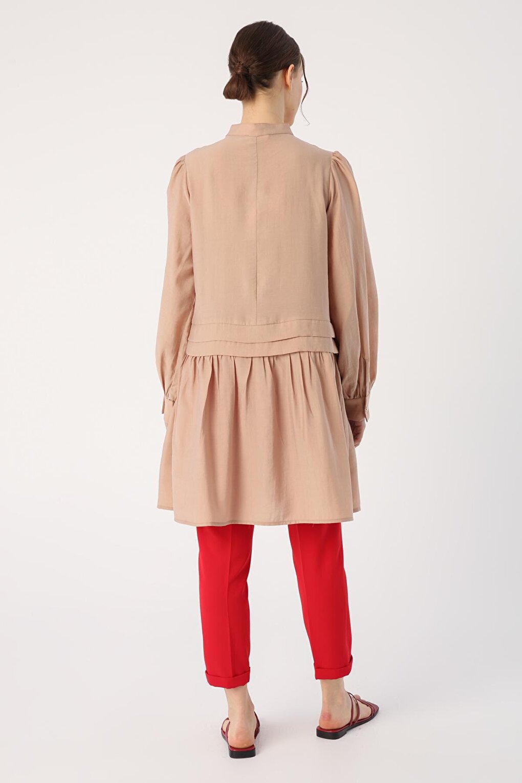 Dark Beige Pleat Detailed Shirt Tunic