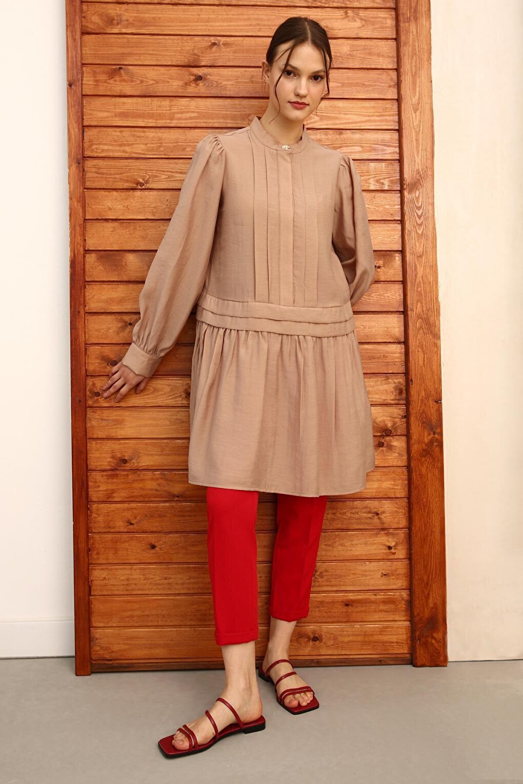 Dark Beige Pleat Detailed Shirt Tunic