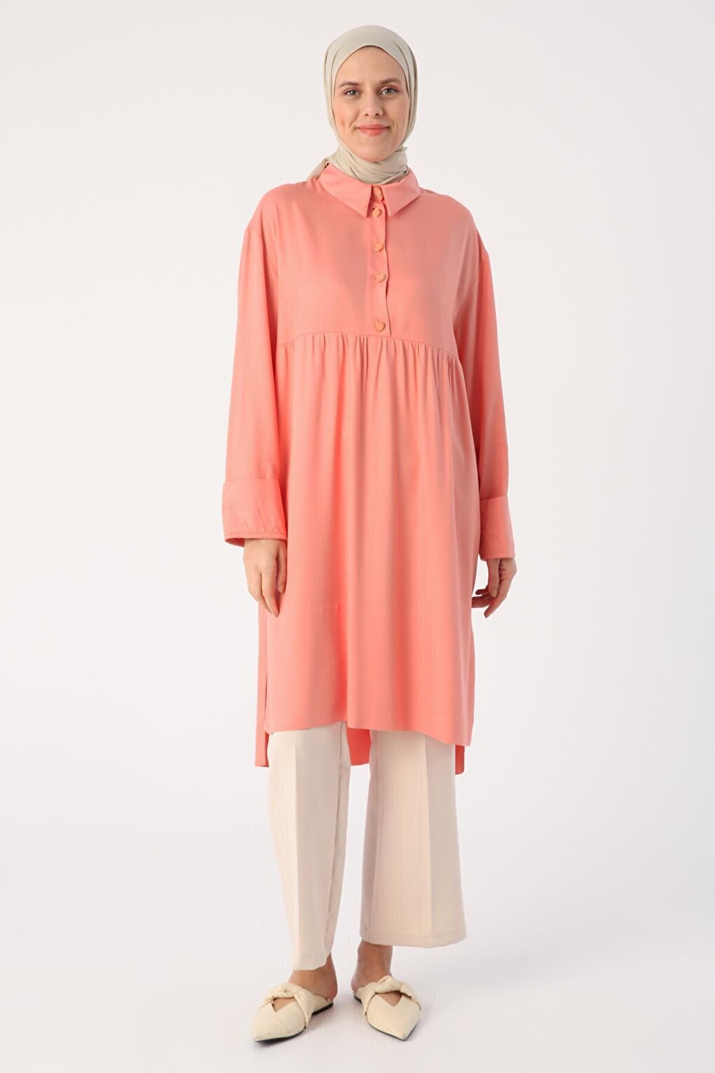 Salmon Stylish Button Detailed Half Placket Tunic