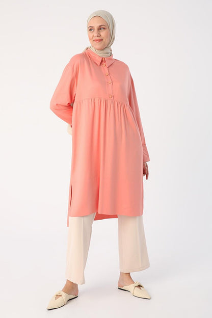 Salmon Stylish Button Detailed Half Placket Tunic