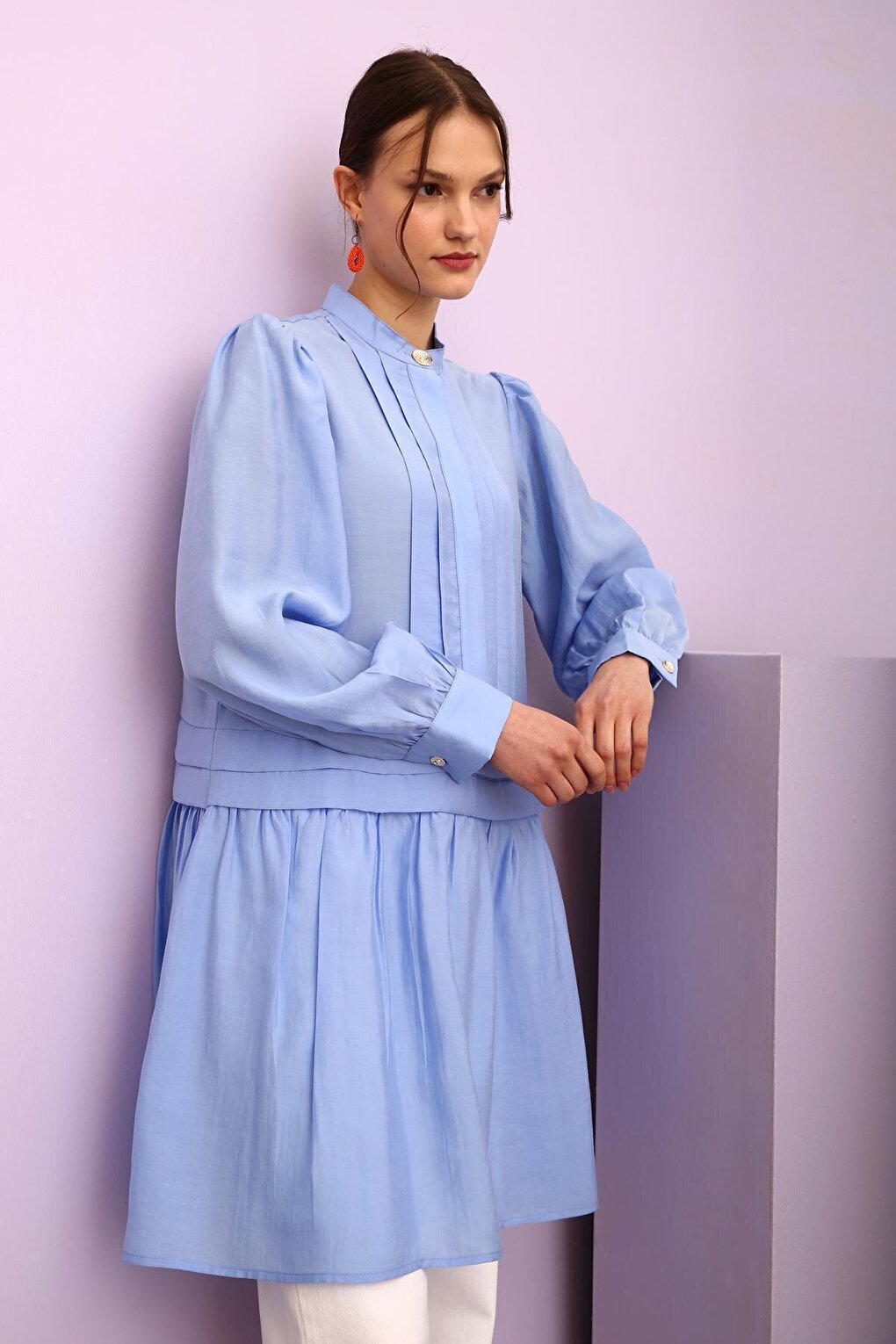 Blue Pleat Detailed Shirt Tunic