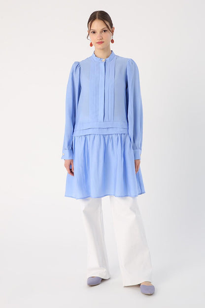 Blue Pleat Detailed Shirt Tunic