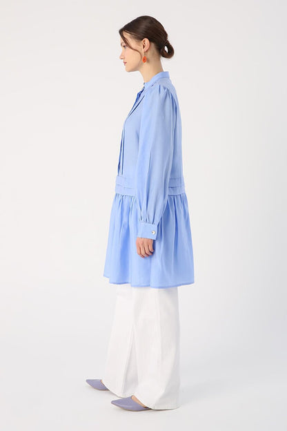 Blue Pleat Detailed Shirt Tunic