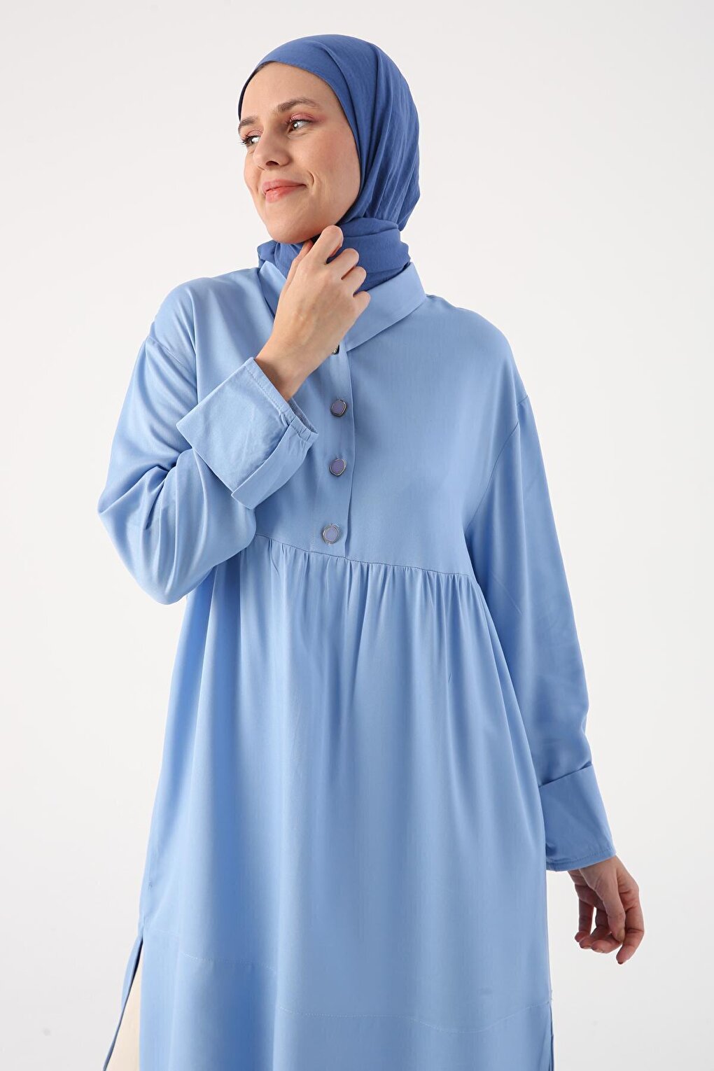 Light Blue Stylish Button Detailed Half Placket Tunic