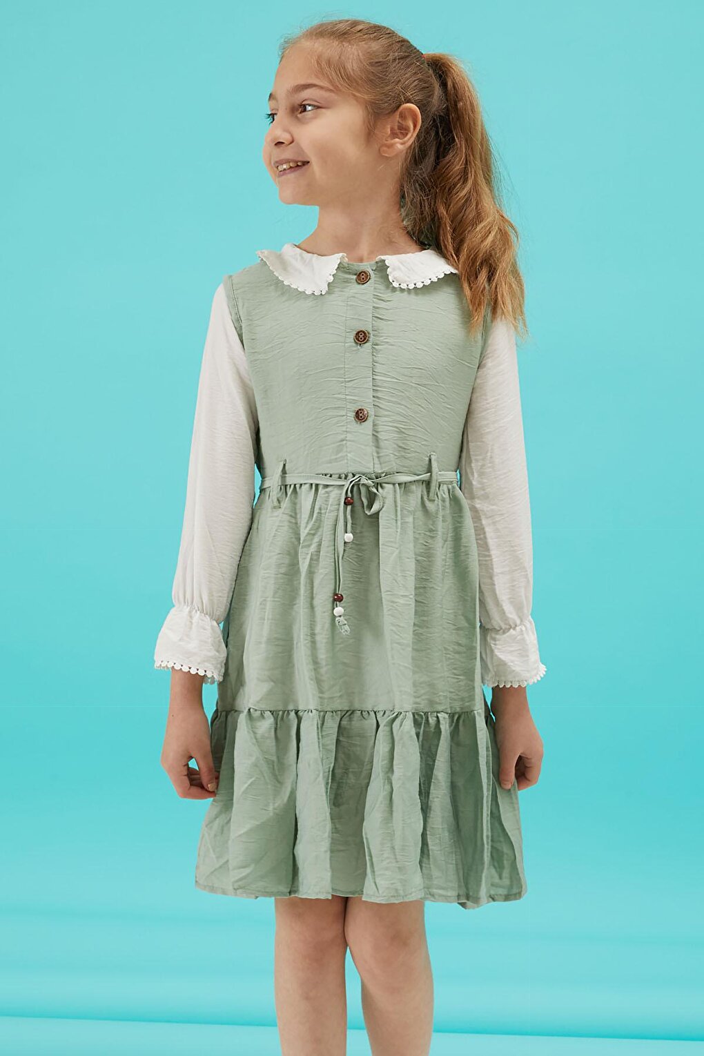 Mint Girl's Belted Lace Collar Dress 15180