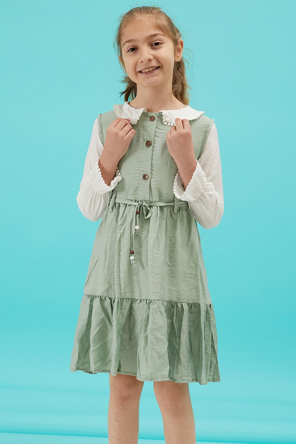 Mint Girl's Belted Lace Collar Dress 15180