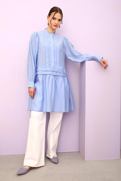 Blue Pleat Detailed Shirt Tunic