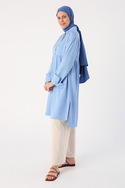 Light Blue Stylish Button Detailed Half Placket Tunic