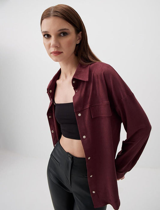 Burgundy Long Sleeve Suede Stylish Shirt Jacket