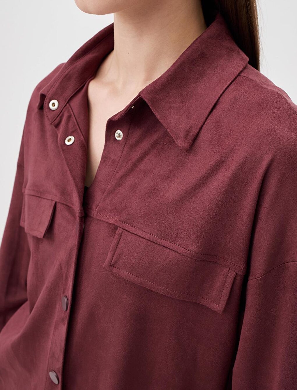 Burgundy Long Sleeve Suede Stylish Shirt Jacket