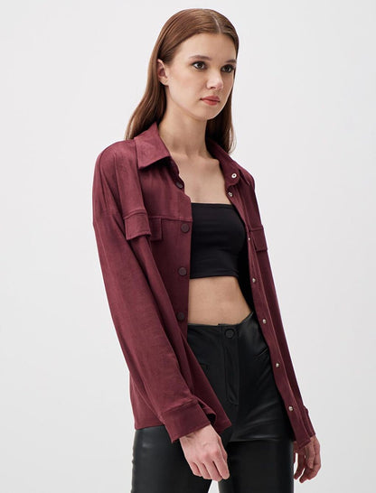 Burgundy Long Sleeve Suede Stylish Shirt Jacket