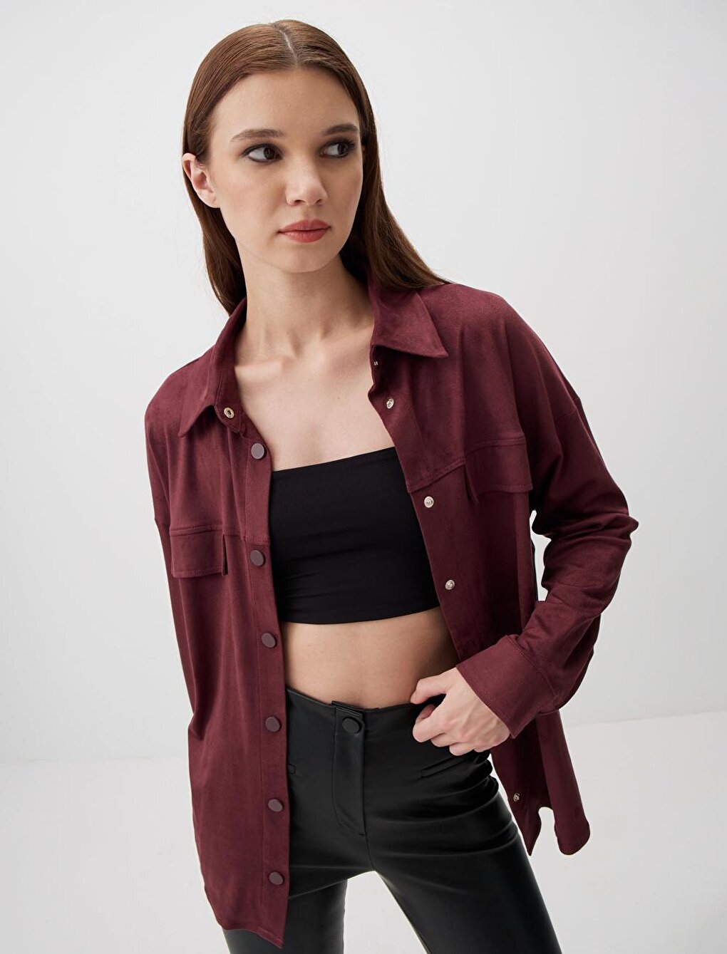 Burgundy Long Sleeve Suede Stylish Shirt Jacket