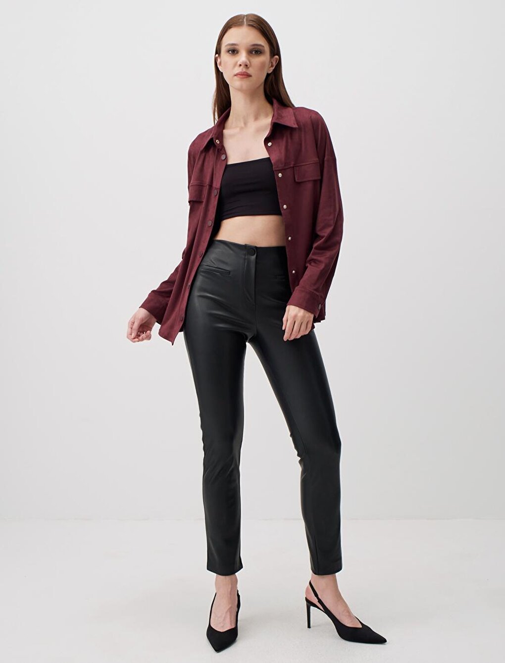 Burgundy Long Sleeve Suede Stylish Shirt Jacket