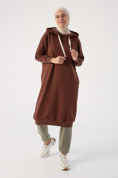 Light Brown Eyelet Hooded Sweat Tunic with Pockets