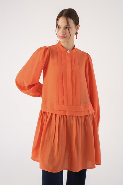 Orange Pleat Detailed Shirt Tunic