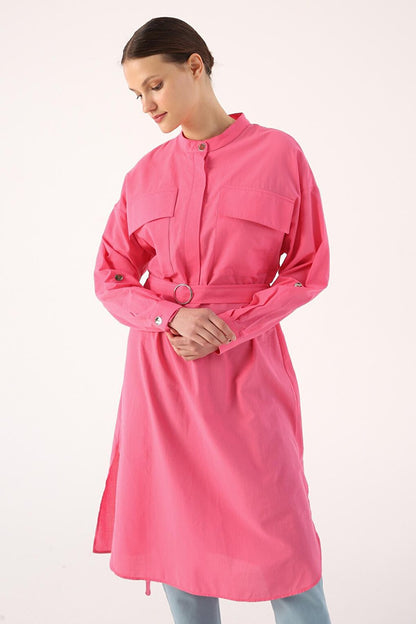 Pink 100% Cotton Judge Collar Belted Pocket Tunic