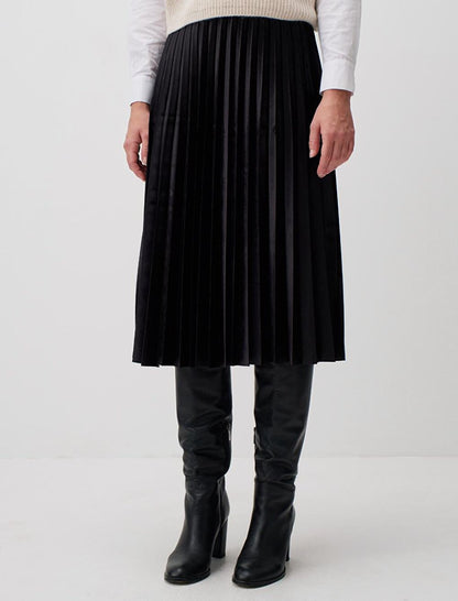 Black Normal Waist Pleated Velvet Midi Skirt