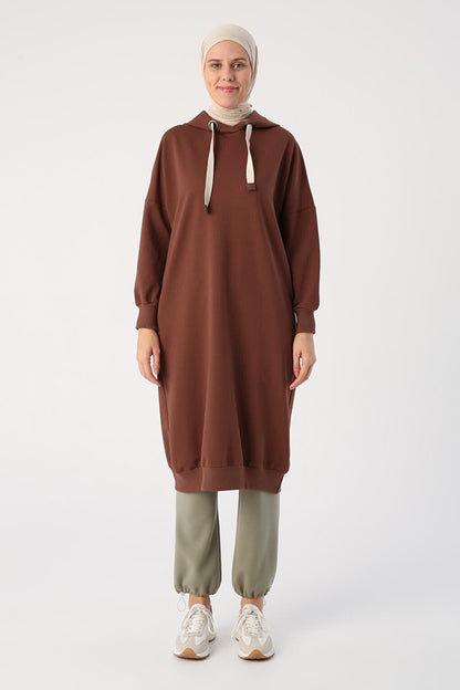 Light Brown Eyelet Hooded Sweat Tunic with Pockets